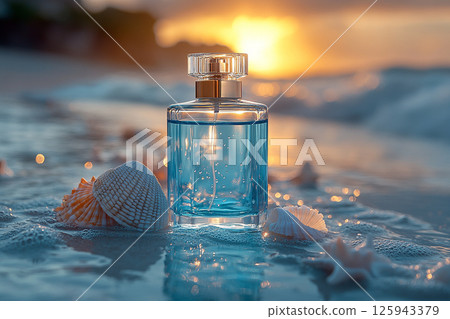 Modern perfume bottle adorned with water droplets and a subtle light reflection on summer beach background. 125943379