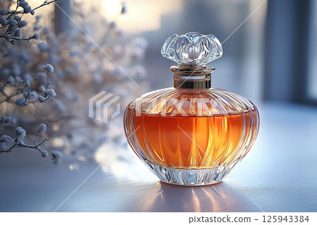 Perfume bottle with glossy on its glass surface, conveying elegance and sophistication. Ideal for high-end perfume advertisements. Perfume bottle with glossy on its glass surface, conveying elegance and sophistication. Ideal for high-end perfume advertisements. 125943384