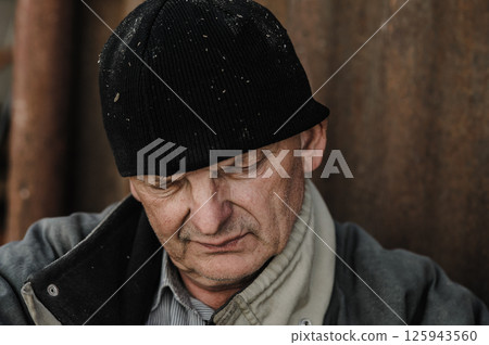 A portrait of a hardworking pensioner is carried. The face of an elderly man. A portrait of a hardworking pensioner is carried. The face of an elderly man. 125943560