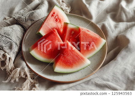 Fresh watermelon slices on ceramic plate with linen fabric background Fresh watermelon slices on ceramic plate with linen fabric background 125943563