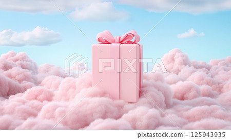 Gift box pink ribbon layer of fluffy clouds sky, copy space, advertisement. Getting presents, 3d 125943935
