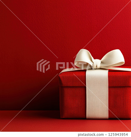 Present red gift box, ribbon red background, birthday, Christmas, Valentines Mothers Day, copy space 125943954