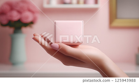 Woman hands holding pink gift satin ribbon, shopping Valentines, New Year, Mothers, Christmas 125943988