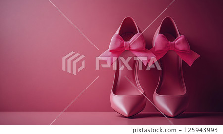 Stylish pair stylish pink fuchsia high heels featuring charming bow, perfect for elegant occasions and fashionable events, Fashion Style background, place for text, banner, advertising, sale 125943993