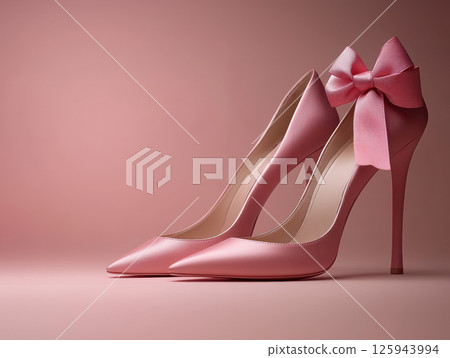 Stylish pair stylish pink high heels featuring charming bow, perfect for elegant occasions and fashionable events, Fashion Style background, place for text, banner, advertising, sale Stylish pair stylish pink high heels featuring charming bow, perfect for elegant occasions and fashionable events, Fashion Style background, place for text, banner, advertising, sale 125943994