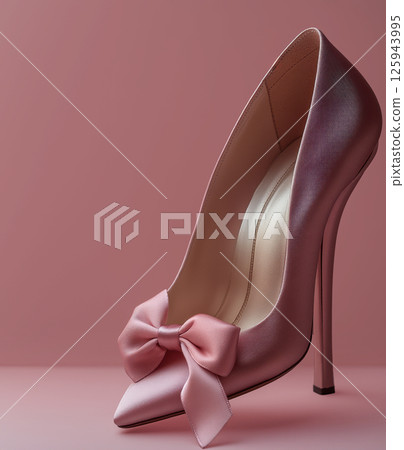 Stylish pair stylish pink high heels featuring charming bow, perfect for elegant occasions and fashionable events, Fashion Style background, place for text, banner, advertising, sale 125943995