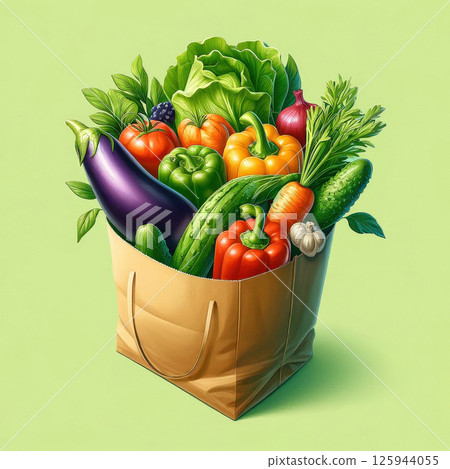 Brown paper grocery bag filled with fresh vegetables on wooden surface. Healthy eating and sustainable shopping concept 125944055