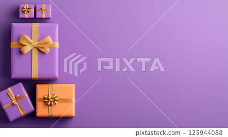 Purple gift boxes ribbon color pastel background, birthday, Christmas, Valentines Mothers Day, 3D 125944088