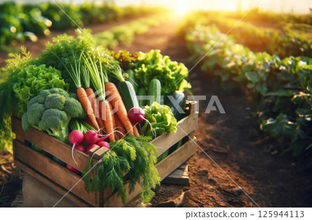 Harvest farm vegetables wooden box in garden against background of field beds. Concept growing organic vegetables and eco-friendly shopping. 125944113