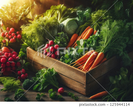 Harvest farm vegetables wooden box in garden against background of field beds. Concept growing organic vegetables and eco-friendly shopping. 125944114