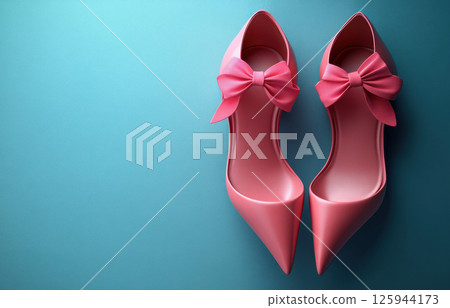 Stylish pair stylish coral high heels featuring charming bow blue background, perfect for elegant occasions and fashionable events, Fashion Style background, place for text, banner, advertising, sale 125944173