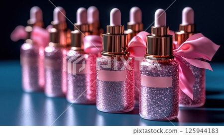 Group bottles for oil, concentrate, serum, blank brand label, pink satin ribbon and gold cap on blue background, minimalist design. Cosmetics advertising concept, mockup, place for text 125944183