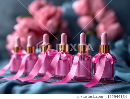 Group bottles for oil, concentrate, serum, blank brand label, pink satin ribbon and gold cap on blue background, minimalist design. Cosmetics advertising concept, mockup, place for text 125944184