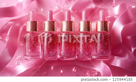 Row bottles for oil, concentrate, serum, blank brand label, pink satin ribbon and gold cap on plain background, minimalist design. Cosmetics advertising concept, mockup, place for text 125944185