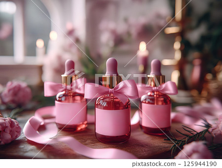 Group bottles satin ribbon bows oil, concentrate, serum, blank brand label, pink satin ribbon and gold cap on floral background, minimalist design. Cosmetics advertising concept 125944190