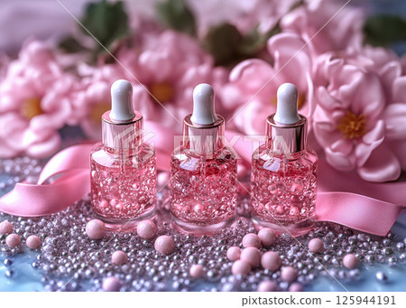 Group bottles satin ribbon bows oil, concentrate, serum, blank brand label, pink satin ribbon and gold cap on floral background, minimalist design. Cosmetics advertising concept Group bottles satin ribbon bows oil, concentrate, serum, blank brand label, pink satin ribbon and gold cap on floral background, minimalist design. Cosmetics advertising concept 125944191