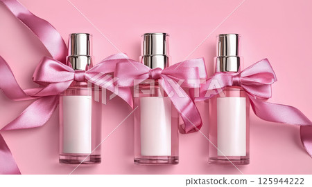Row bottles for oil, concentrate, serum, blank brand label, pink satin ribbon and gold cap on plain background, minimalist design. Cosmetics advertising concept, mockup, place for text 125944222