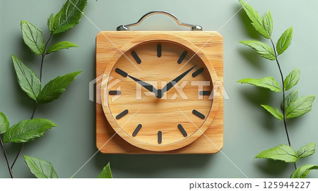 Alarm clock among leaves on plain background, space text. Concept Study, education, work, start 125944227