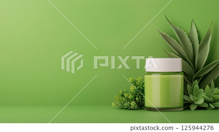 Concept natural ingredients glass jar Aloe Vera skin care, extract, aloe leaves background green. Concept natural ingredients glass jar Aloe Vera skin care, extract, aloe leaves background green. 125944276