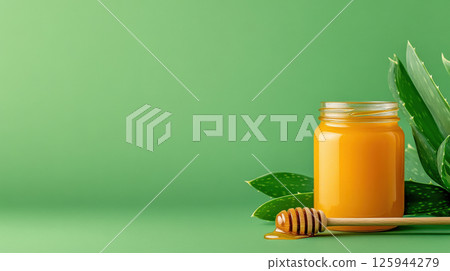 Concept jar honey aloe Vera aloe leaves background gradient green pastel. Copy space, mockup, banner 125944279