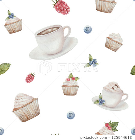 Cups of coffee, raspberries, blueberries and green leaves. Seamless watercolor pattern. Botanical illustration, isolated on white background. For invitations, design, scrapbooking, printing, kitchen. 125944618