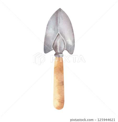 Garden shovel, small metal, with wooden handle, hand painted in watercolor. Isolated on a white background. For design, postcards, magazines. 125944621