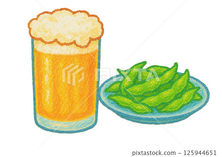 Draft beer and edamame set | Crayon-style illustration perfect for a summer evening drink 125944651