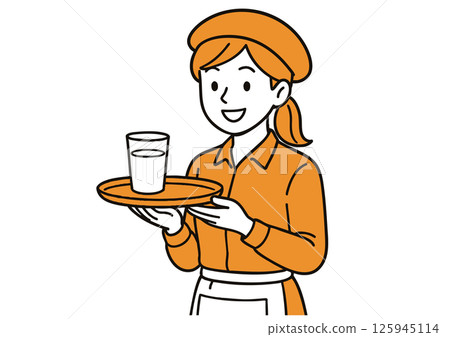 A smiling female restaurant staff member serving customers 125945114