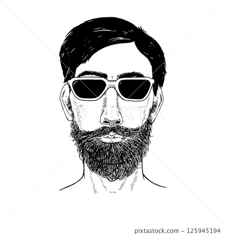 Vintage barbershop style illustration of a bearded man wearing sunglasses. This black and white line art features a trendy hairstyle and full beard, giving a cool, confident, masculine vibe 125945194