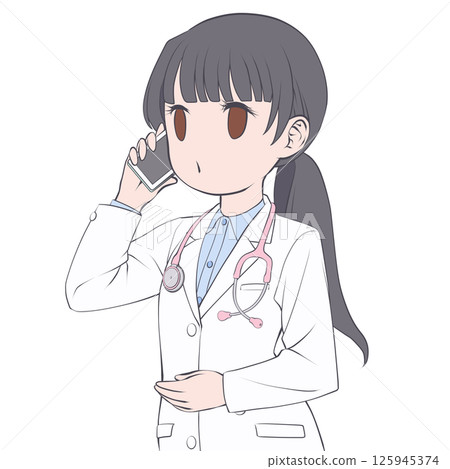 A black-haired female doctor making a phone call on her smartphone A black-haired female doctor making a phone call on her smartphone 125945374