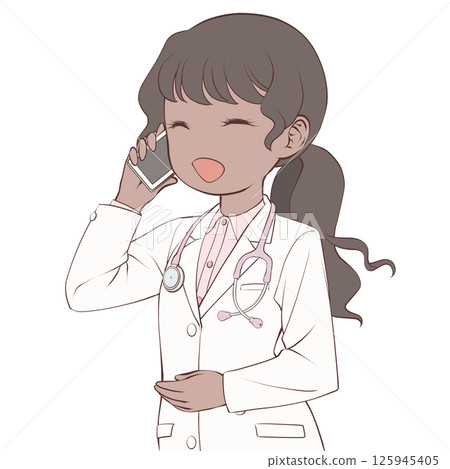 A dark-skinned female doctor making a phone call on her smartphone, smiling 125945405