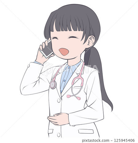 A black-haired female doctor making a phone call on her smartphone, smiling 125945406