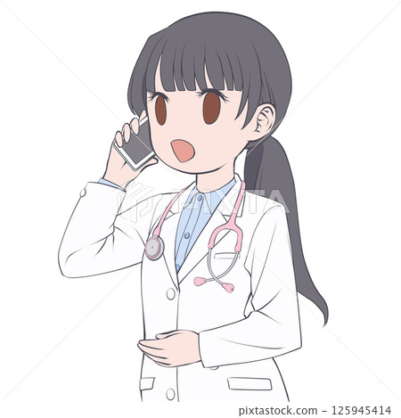 A black-haired female doctor making a phone call on her smartphone, smiling 125945414