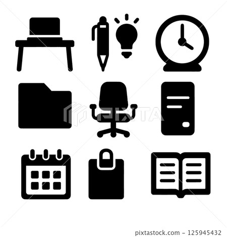 Collection of office icons including chair pen light bulb clock folder office chair computer 125945432