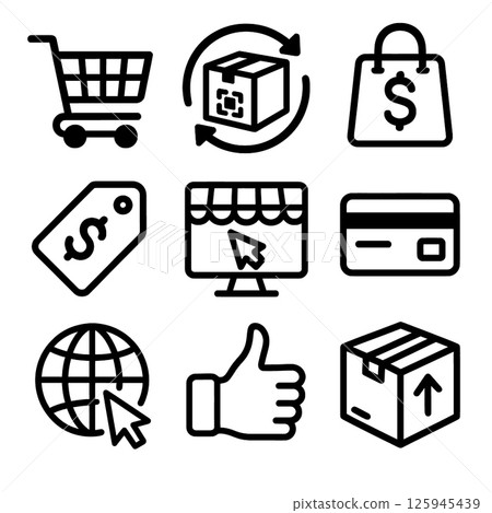E commerce icons including shopping cart, package, payment, and online shopping symbols convey 125945439