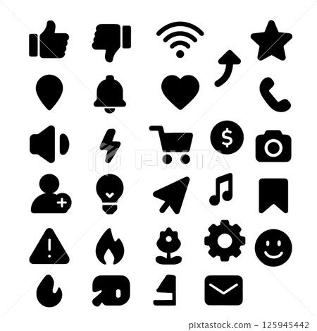 Collection of various black icons including thumbs up, thumbs down, heart, and more Collection of various black icons including thumbs up, thumbs down, heart, and more 125945442