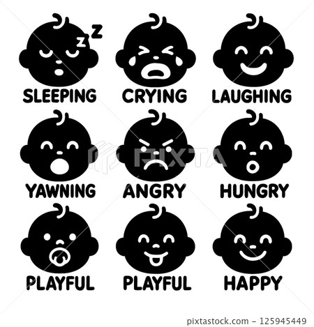 Collection of baby face icons expressing various emotions like sleeping, crying, and laughing 125945449