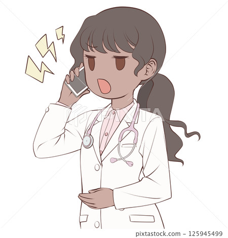 A dark-skinned female doctor making a phone call on her smartphone, angry 125945499