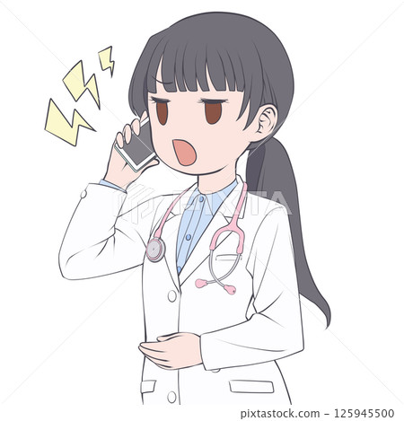 一位黑髮女醫生用智慧型手機打電話,生氣 一位黑髮女醫生用智慧型手機打電話,生氣 125945500