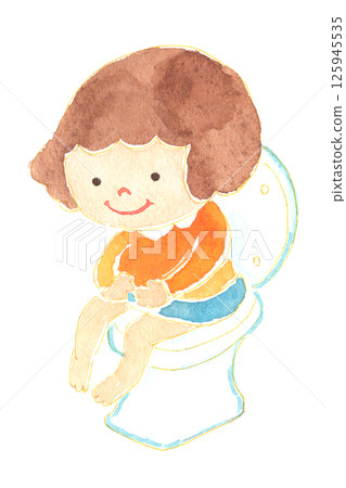 孩子上廁所的水彩畫。兒童保育、教育和教育材料。 孩子上廁所的水彩畫。兒童保育、教育和教育材料。 125945535