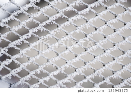 Close-up view of frost-covered metal mesh fence in winter season Close-up view of frost-covered metal mesh fence in winter season 125945575