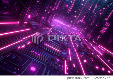 Neon pink and purple cyberpunk circuit board corridor 125945756