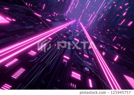 Neon pink and purple cyberpunk circuit board corridor 125945757