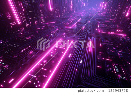 Neon pink and purple cyberpunk circuit board corridor Neon pink and purple cyberpunk circuit board corridor 125945758