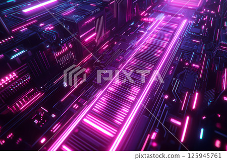 Neon pink and purple cyberpunk circuit board corridor 125945761