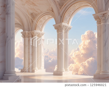 擁有大理石柱、拱門和雲彩背景的奇妙建築 擁有大理石柱、拱門和雲彩背景的奇妙建築 125946021