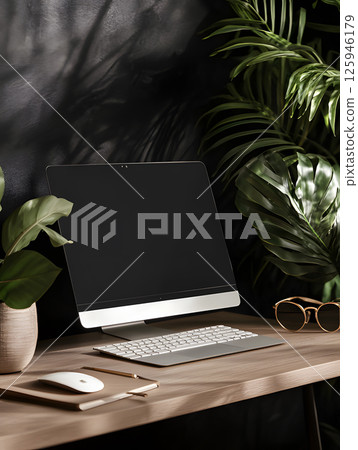 Computer stands on table with plants. Dark background. Side view. Computer mockup for design 125946179