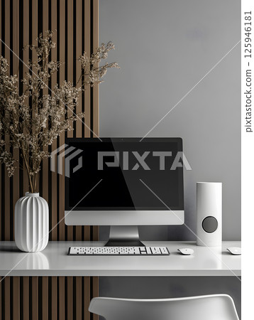 Computer stands on table with plants. Light background. Front view. Computer mockup for design 125946181