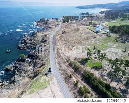 "Aomori Prefecture" Aerial photography of Tanesashi Coast in spring by drone in Hachinohe City "Aomori Prefecture" Aerial photography of Tanesashi Coast in spring by drone in Hachinohe City 125946445