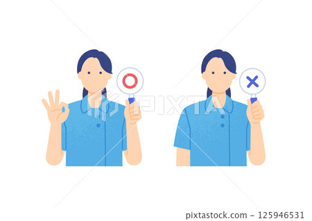 一組上身插圖，描繪了一位身穿手術服的女性護理人員正在用通過和未通過的卡片來評判患者。 125946531